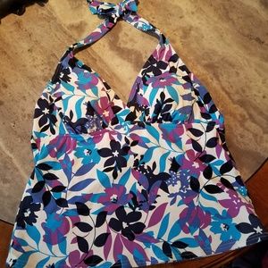 Lands End Halter Tankini Top Blue Floral EUC